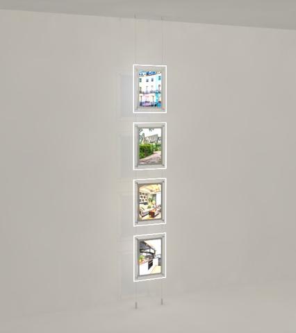 Schaufensterwerbung-Seilsystem mit doppelseitige LED Acryl- Postertaschen mit frontaler Befestigung DIN A4