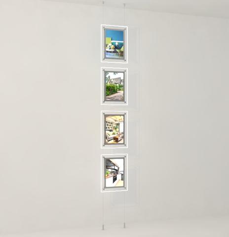 Schaufensterwerbung-Seilsystem mit doppelseitige LED Acryl- Postertaschen mit frontaler Befestigung DIN A4