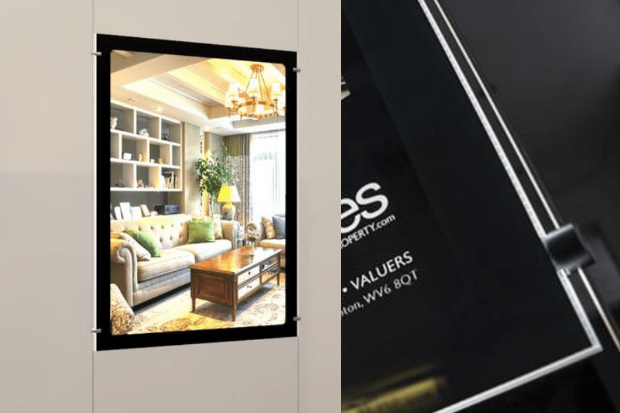 Seilsystem LED Acryl - Posterhalter Hochformat mit frontaler Befestigung DIN A1 - Digitale Werbedisplays - Modulare Displays® - München