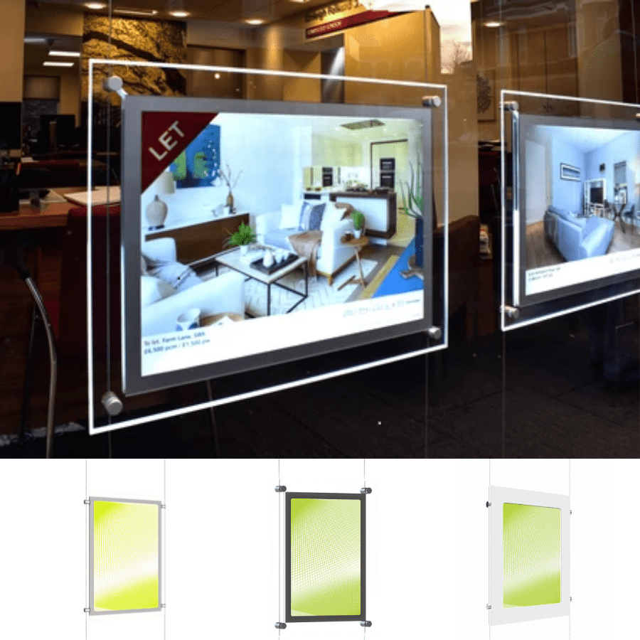 Seilsystem LED Acryl - Posterhalter Hochformat mit frontaler Befestigung DIN A1 - Digitale Werbedisplays - Modulare Displays® - München