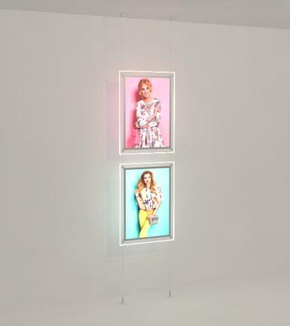 Seilsystem LED Acryl - Posterhalter Hochformat mit frontaler Befestigung DIN A1 - Digitale Werbedisplays - Modulare Displays® - München