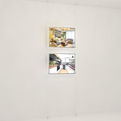 Seilsystem LED Acryl - Werbetafeln Querformat DIN A2 mit seitlicher Befestigung - Digitale Werbedisplays - Modulare Displays® - München