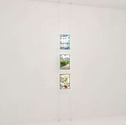 Seilsystem mit doppelseitigen LED Postertaschen DIN A4, mit seitlicher Befestigung - Digitale Werbedisplays - Modulare Displays® - München