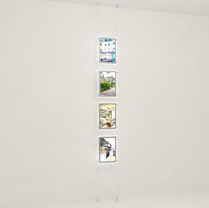 Seilsystem mit doppelseitigen LED Postertaschen DIN A4, mit seitlicher Befestigung - Digitale Werbedisplays - Modulare Displays® - München